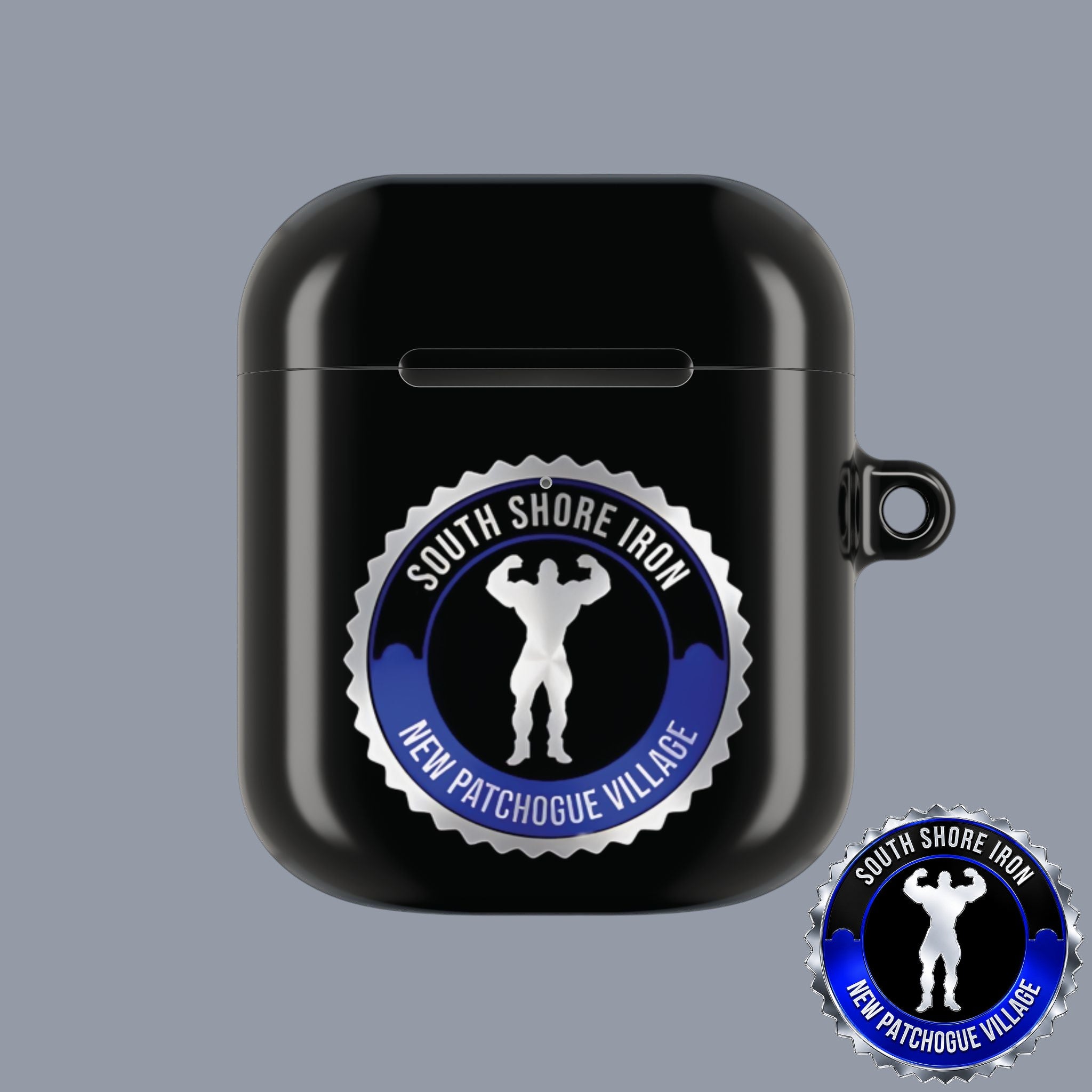 SSI Supply Co. glossy black polycarbonate AirPod case featuring a circular South Shore Iron gym logo emblem.