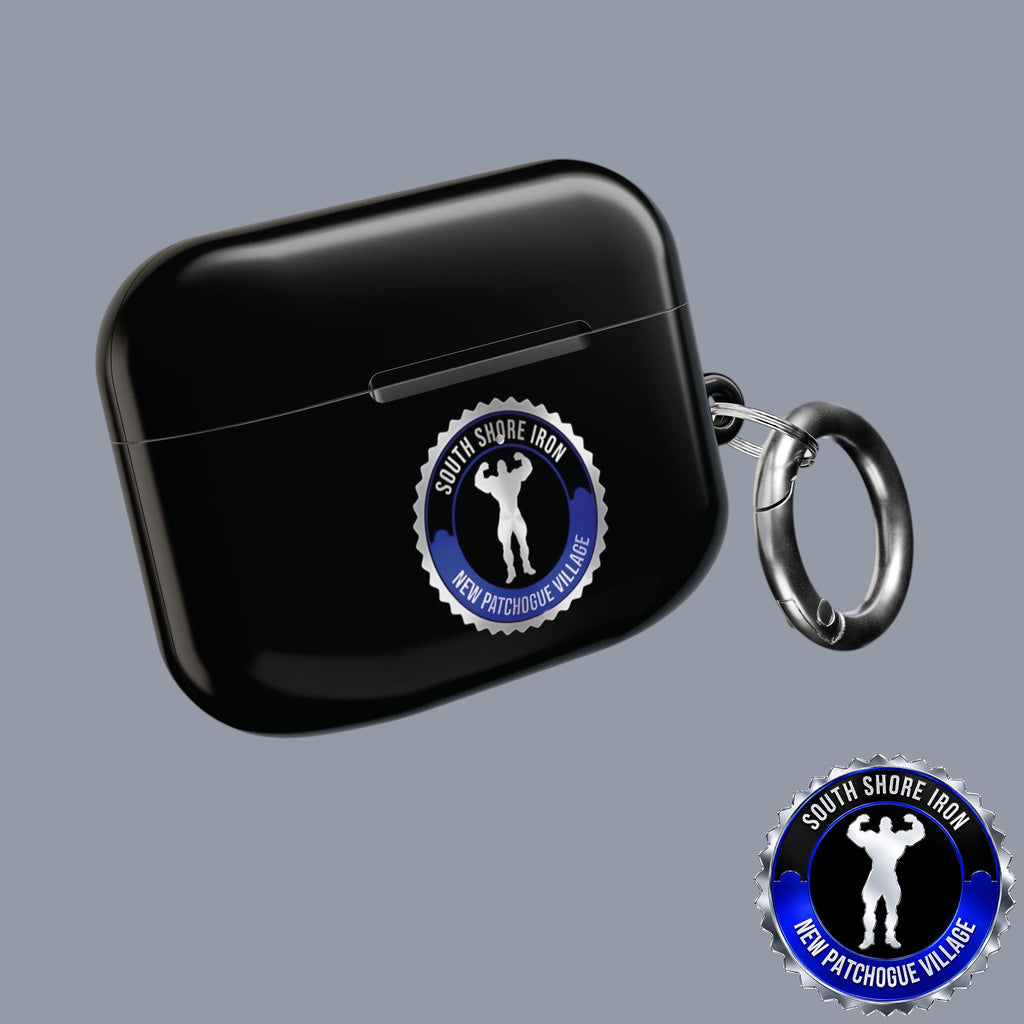 SSI Supply Co. glossy black polycarbonate AirPod case with South Shore Iron Gym logo and attached metal carabiner.