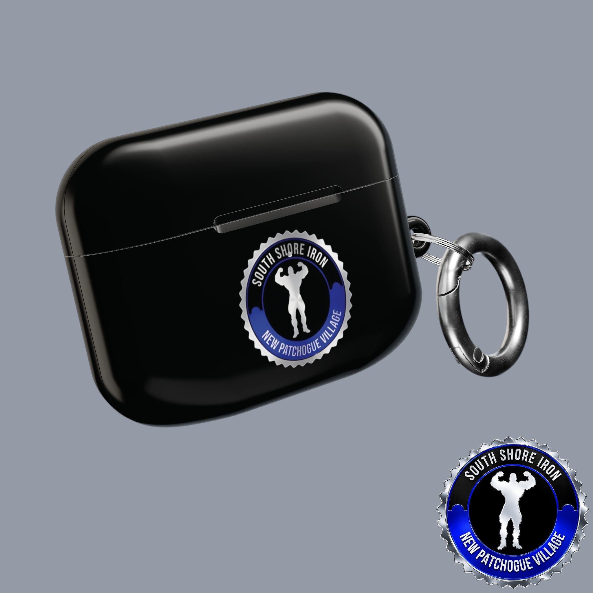 SSI Supply Co. glossy black polycarbonate AirPod case with South Shore Iron Gym logo and attached metal carabiner.