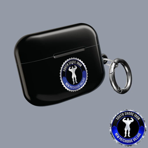SSI Supply Co. glossy black polycarbonate AirPod case with South Shore Iron Gym logo and attached metal carabiner.