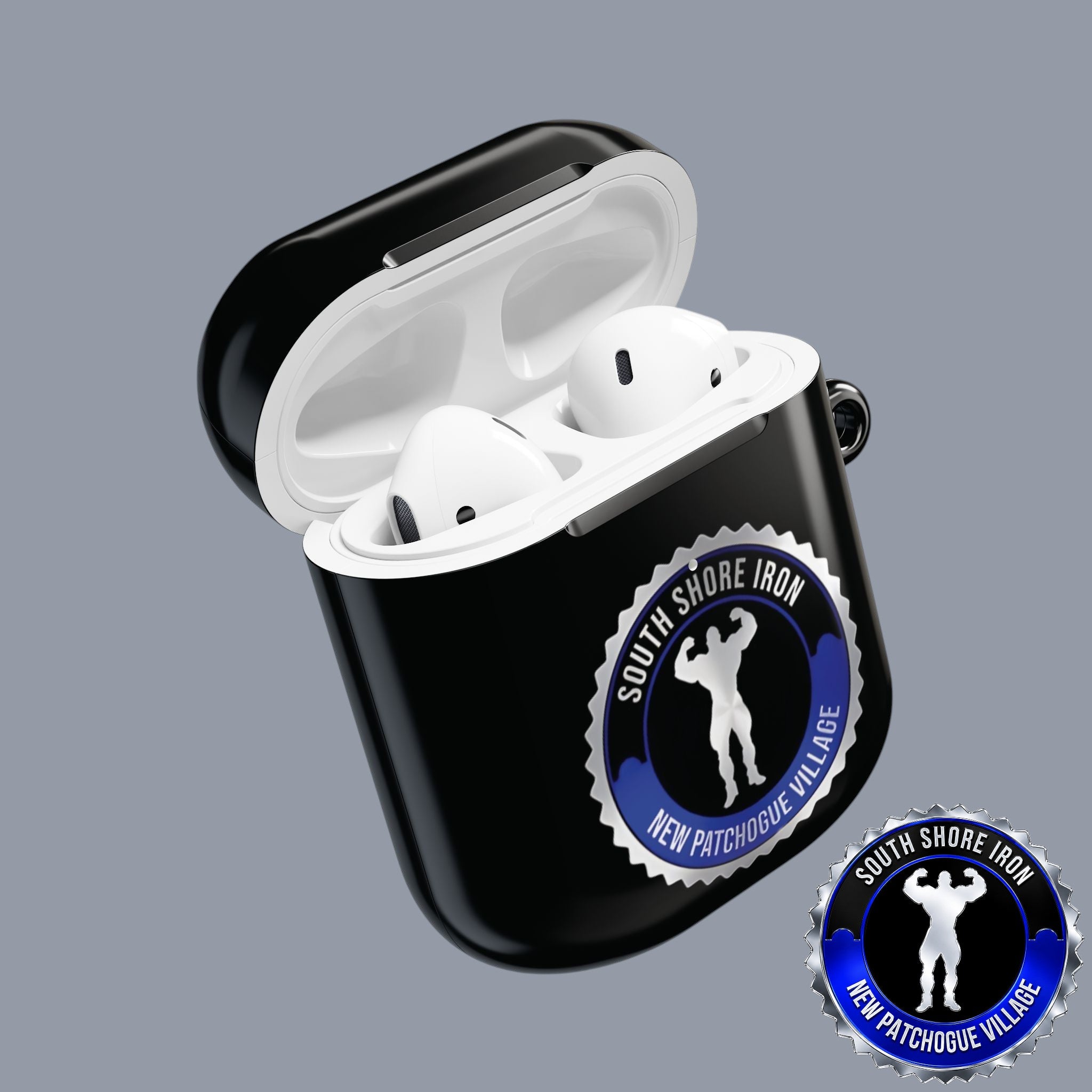 SSI Supply Co. glossy black polycarbonate AirPod case with South Shore Iron gym logo and carabiner attachment