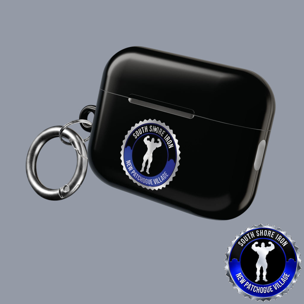 SSI Supply Co. glossy black polycarbonate AirPod case with South Shore Iron gym logo and silver carabiner clip.