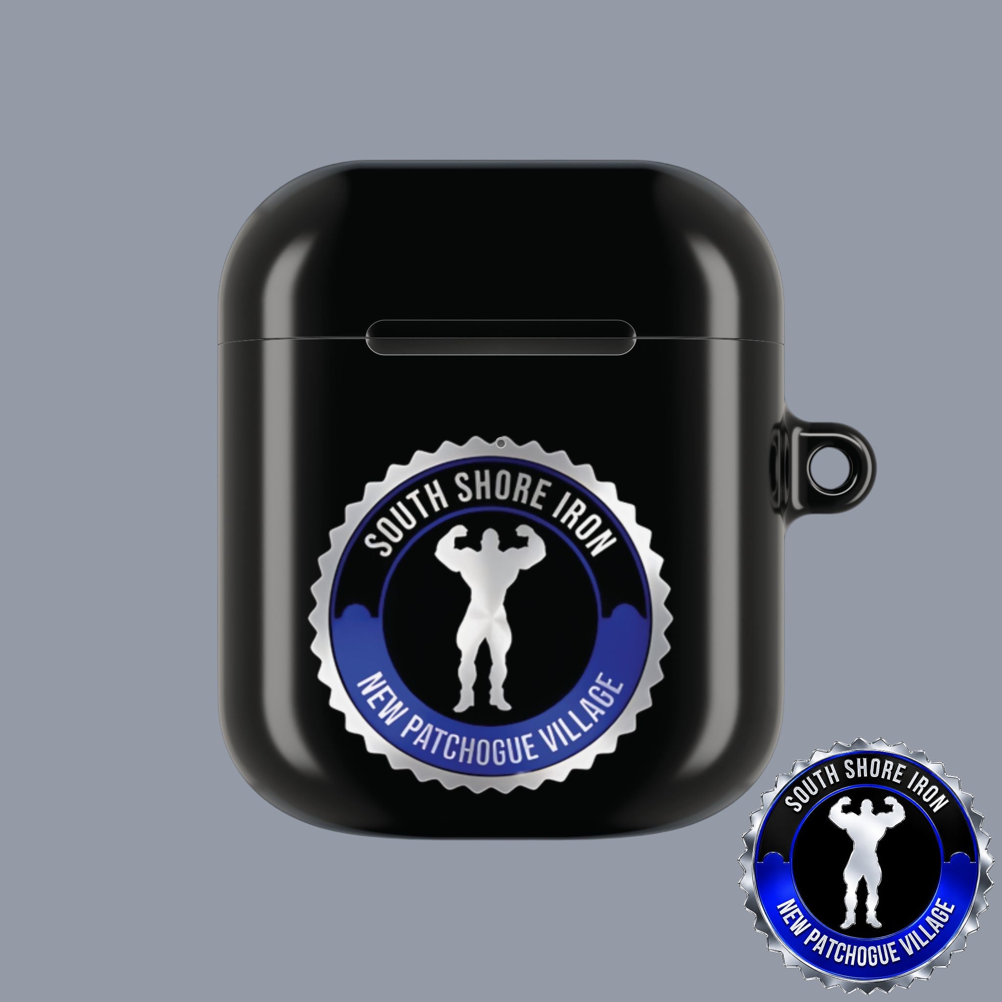 SSI Supply Co. glossy black polycarbonate AirPod case featuring a South Shore Iron gym logo and carabiner attachment.