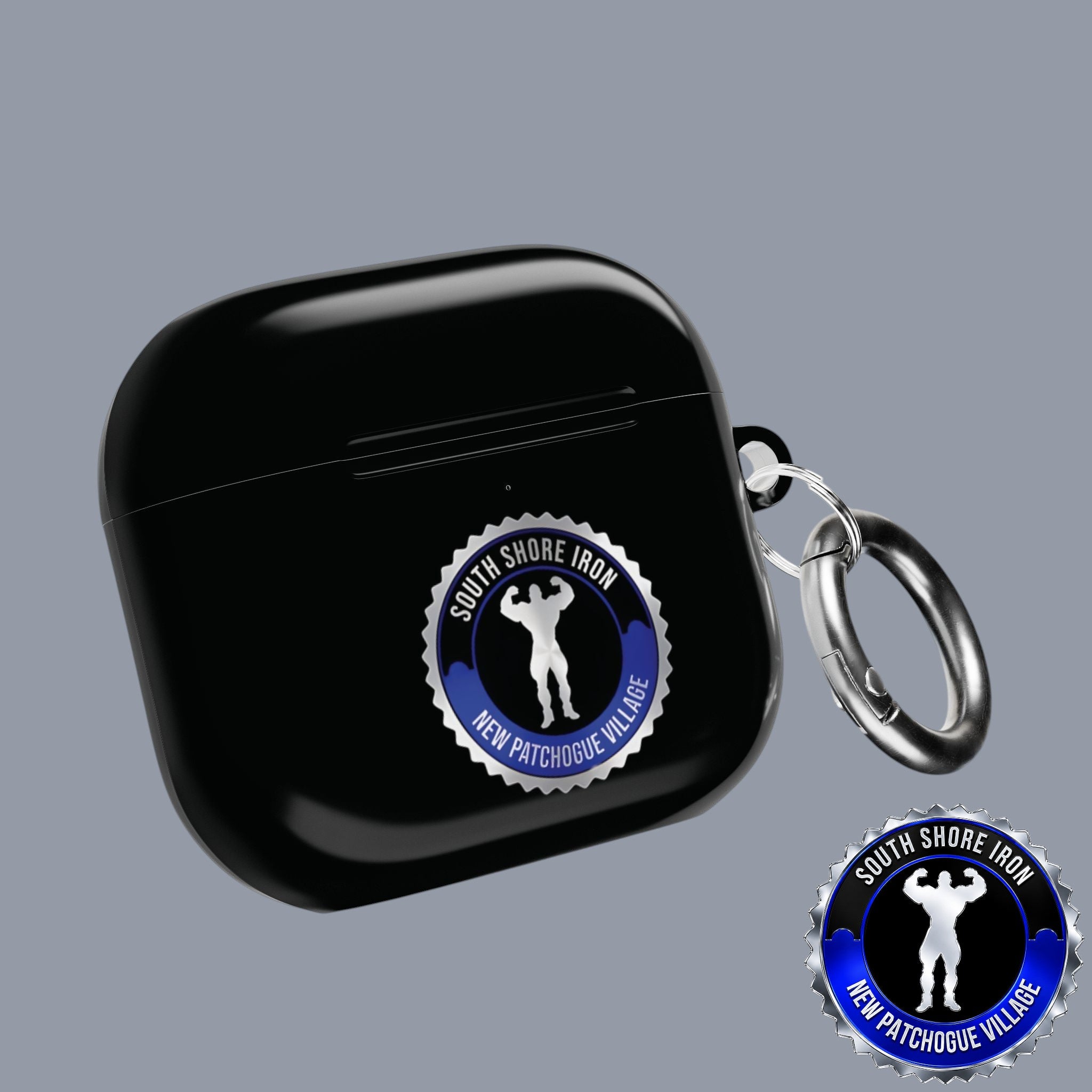 SSI Supply Co. glossy black polycarbonate AirPod case with South Shore Iron gym logo and metal carabiner.
