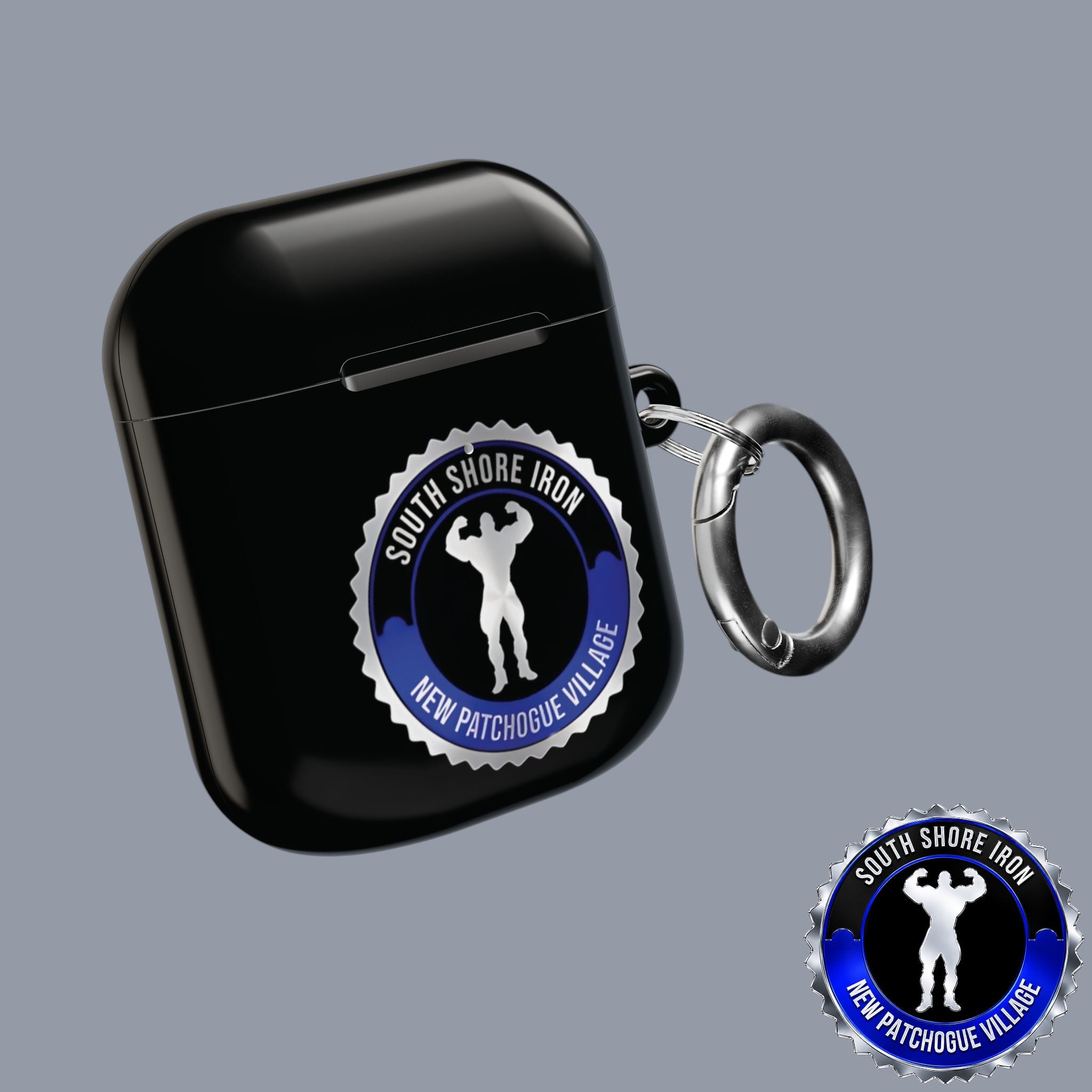 SSI Supply Co. glossy black polycarbonate AirPod case with South Shore Iron gym logo and metal carabiner