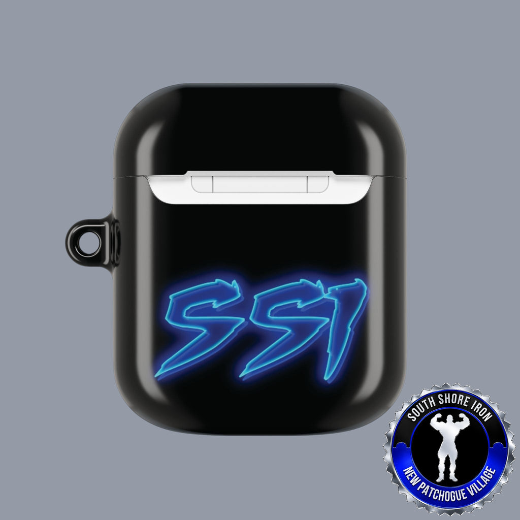SSI Supply Co. glossy black polycarbonate AirPod case with blue SSI logo and attached carabiner loop.
