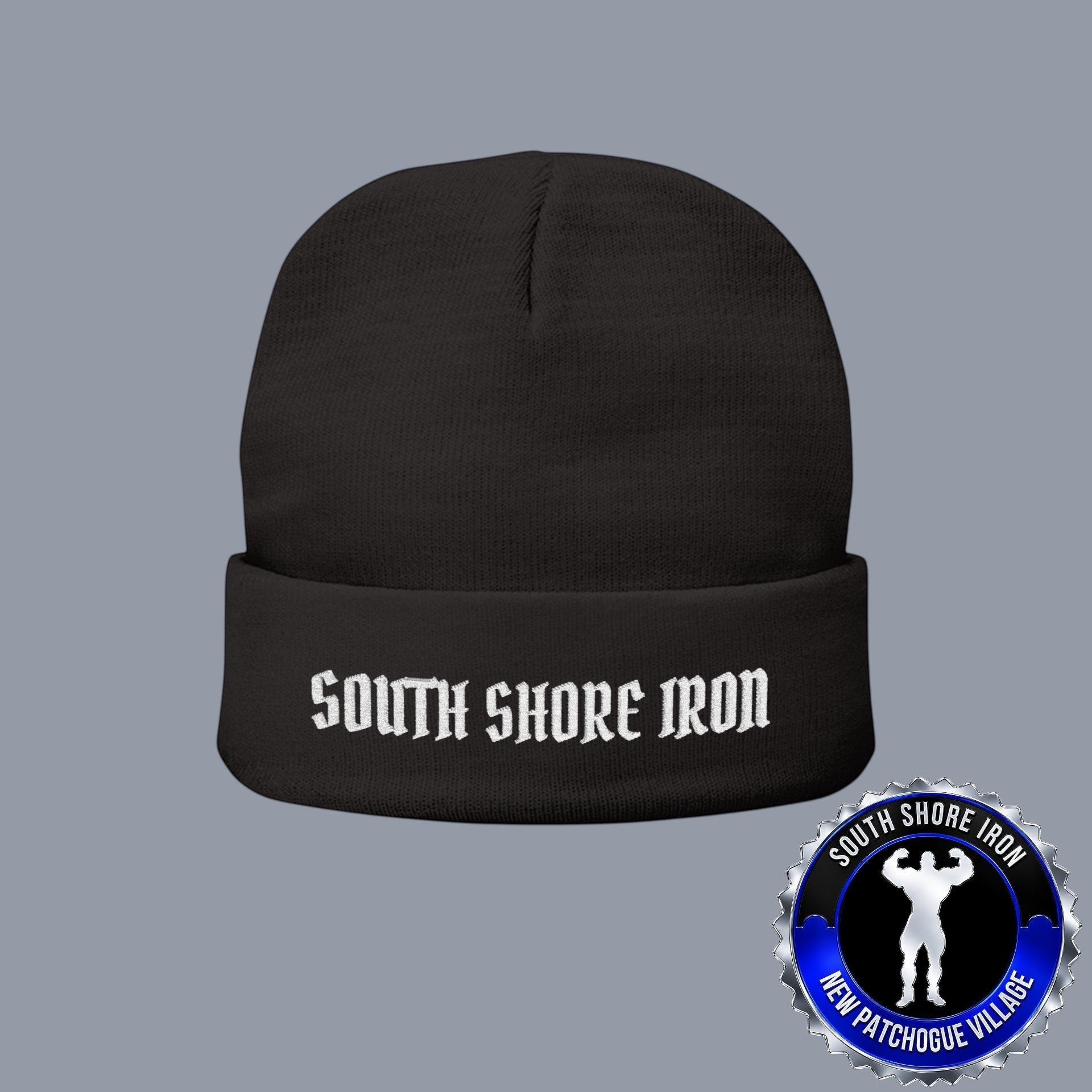 SSI Supply Co. black knit beanie with South Shore Iron embroidered lettering and a cuffed design.