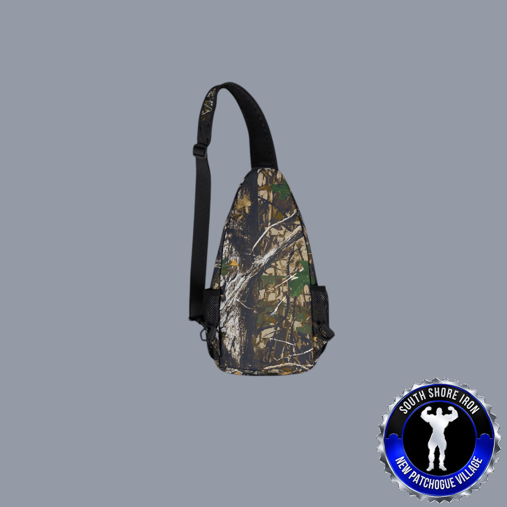 SSI Supply Co. Realtree camo chest bag with a single padded crossbody strap, black trim, and mesh side pockets.