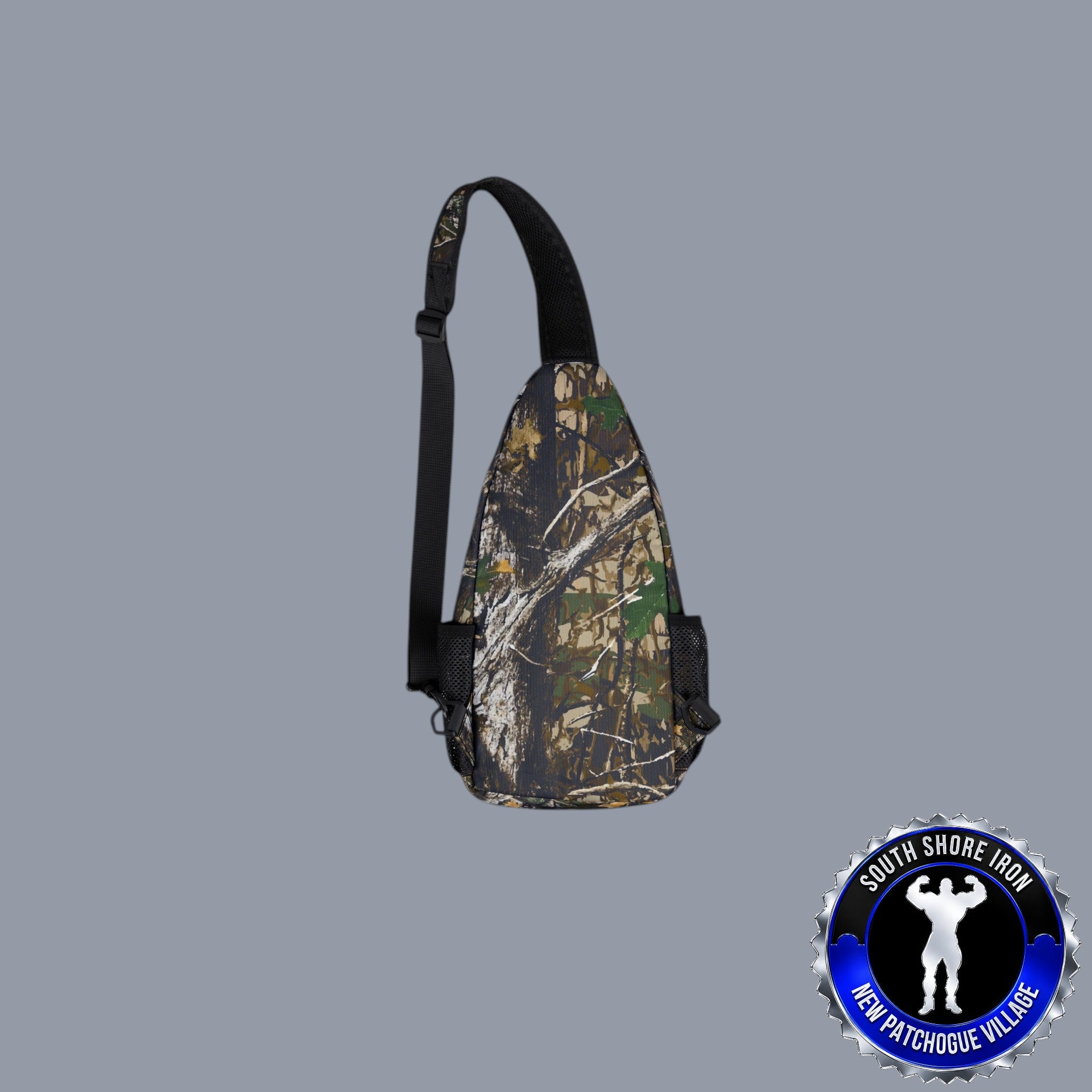 SSI Supply Co. Realtree camo chest bag with a single padded crossbody strap, black trim, and mesh side pockets.
