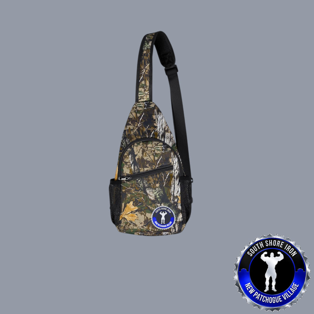 SSI Supply Co. camo chest bag with Realtree print, black trim, mesh side pockets, and adjustable padded sling strap.