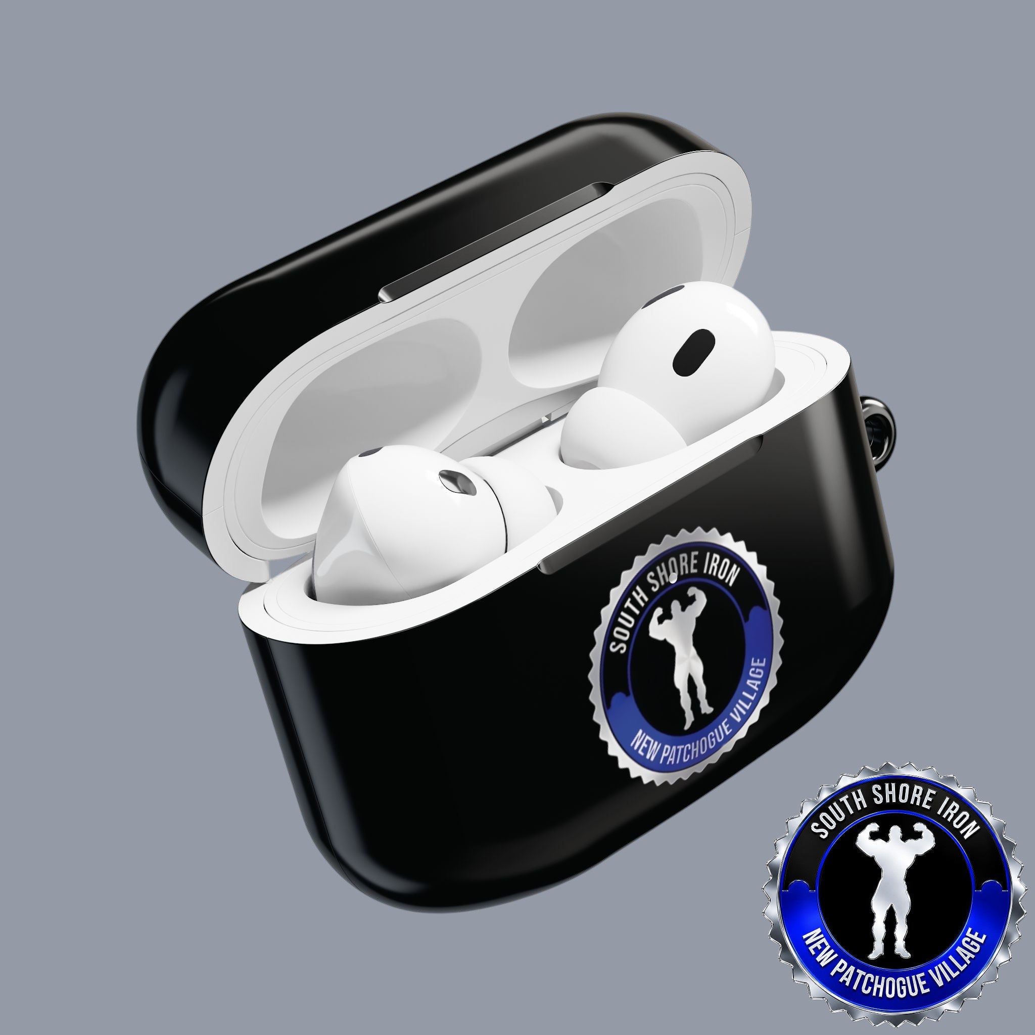 SSI Supply Co. glossy black polycarbonate AirPod case featuring a South Shore Iron gym logo and white earbuds inside.