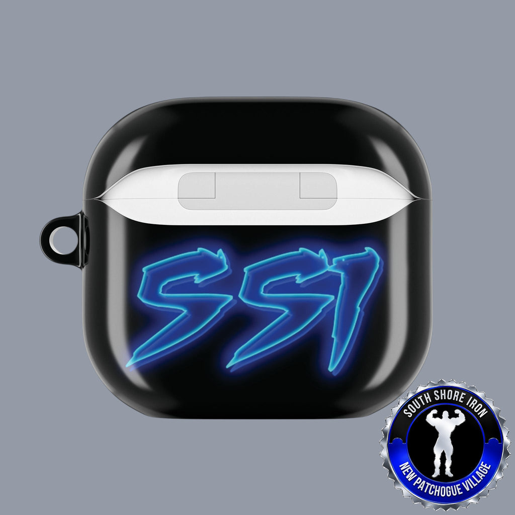 SSI Supply Co. glossy black polycarbonate AirPod case featuring a glowing blue SSI logo and protective carabiner loop.
