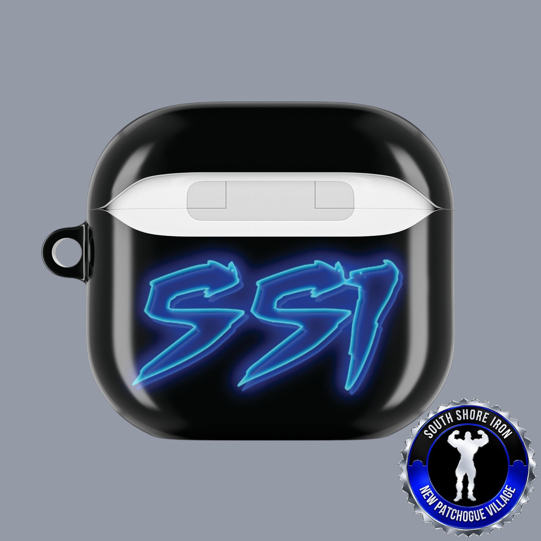 SSI Supply Co. glossy black polycarbonate AirPod case featuring a glowing blue SSI logo and protective carabiner loop.
