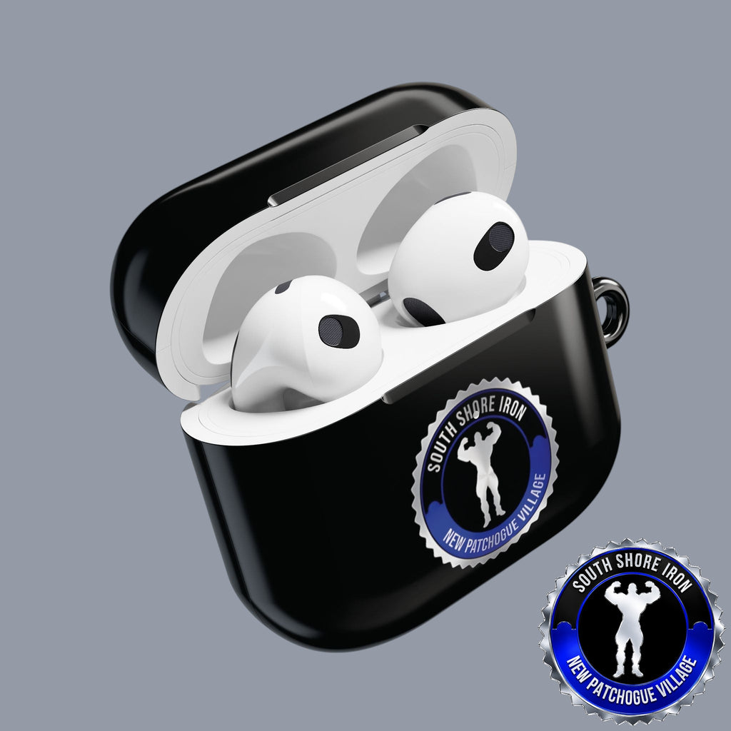 SSI Supply Co. glossy black polycarbonate AirPod case featuring a circular South Shore Iron gym logo emblem.
