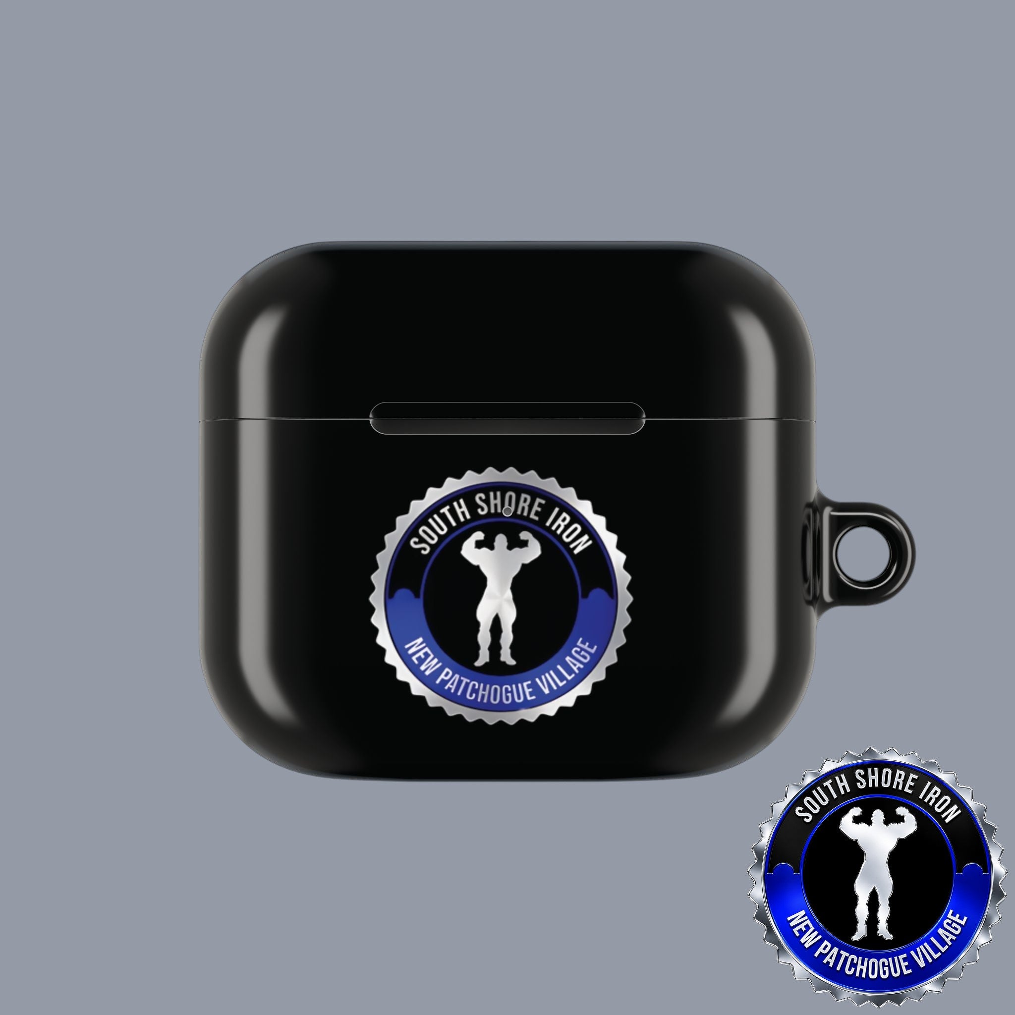 SSI Supply Co. glossy black polycarbonate AirPod case featuring a South Shore Iron gym logo and carabiner attachment.