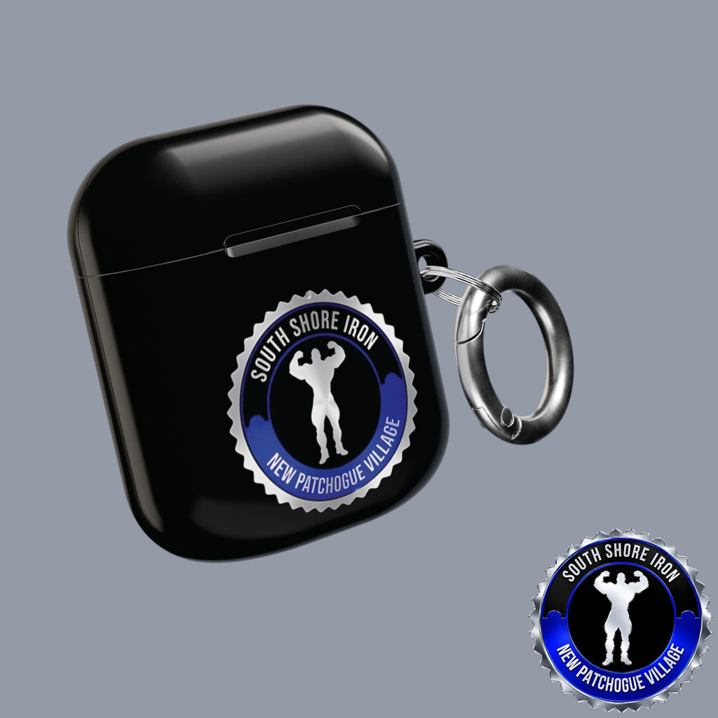 SSI Supply Co. glossy black polycarbonate AirPod case with South Shore Iron gym logo and metal carabiner clip