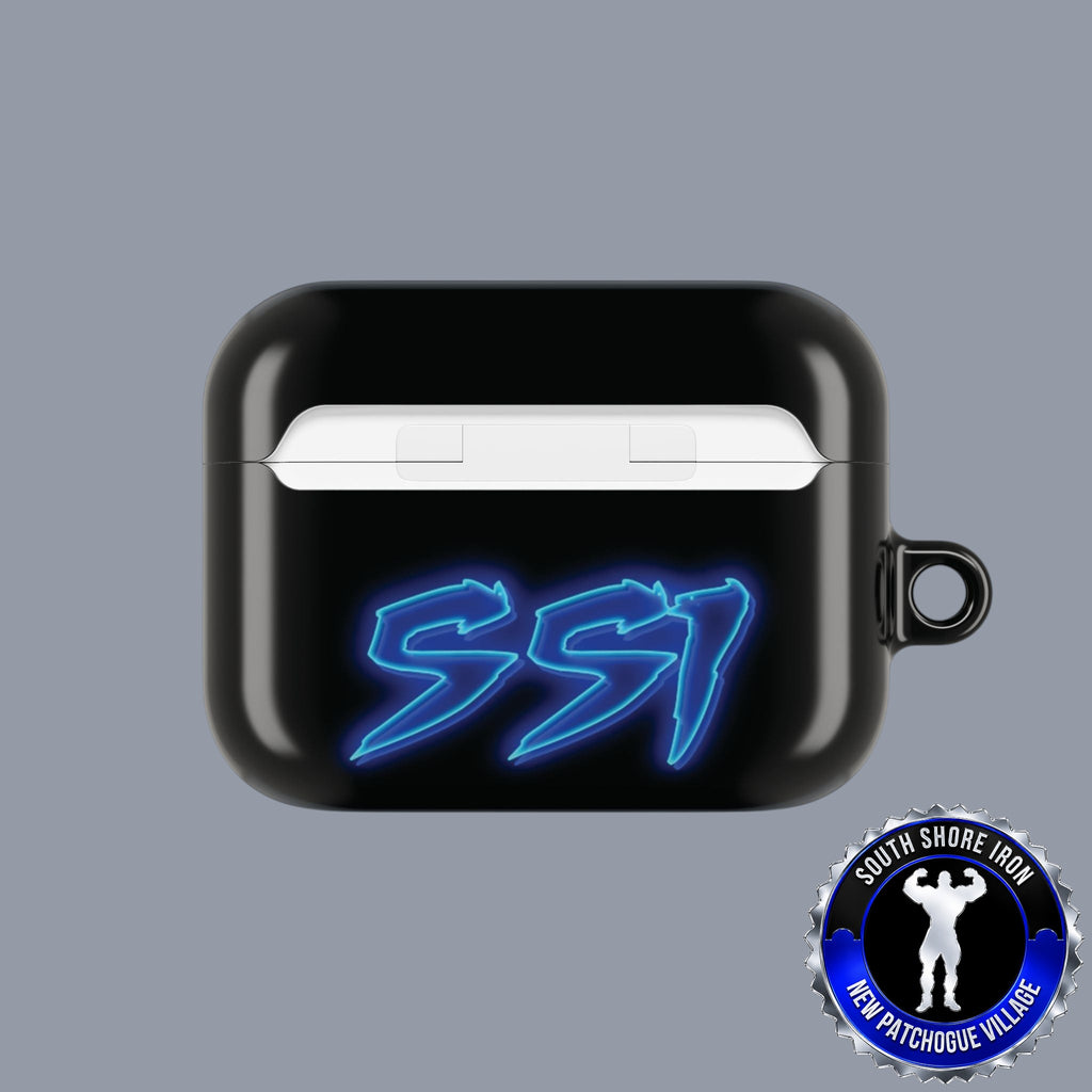 SSI Supply Co. glossy black polycarbonate AirPod case featuring a blue neon-style SSI logo and carabiner attachment.