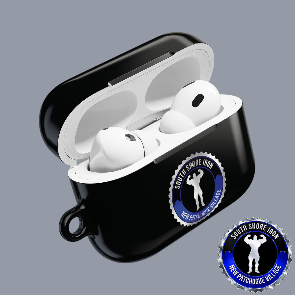 SSI Supply Co. glossy black polycarbonate AirPod case with South Shore Iron Gym logo and included carabiner clip.
