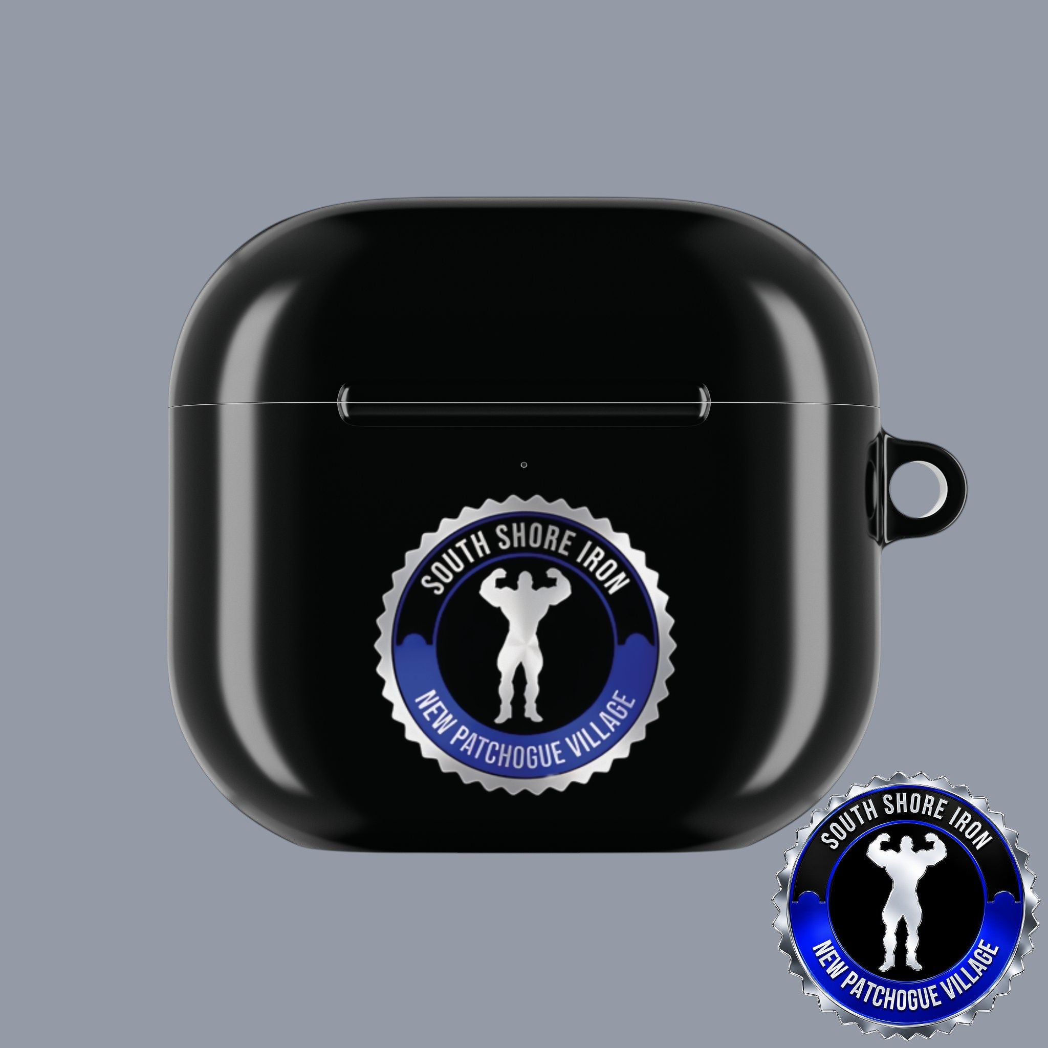 SSI Supply Co. glossy black polycarbonate AirPod case featuring a South Shore Iron gym logo emblem.