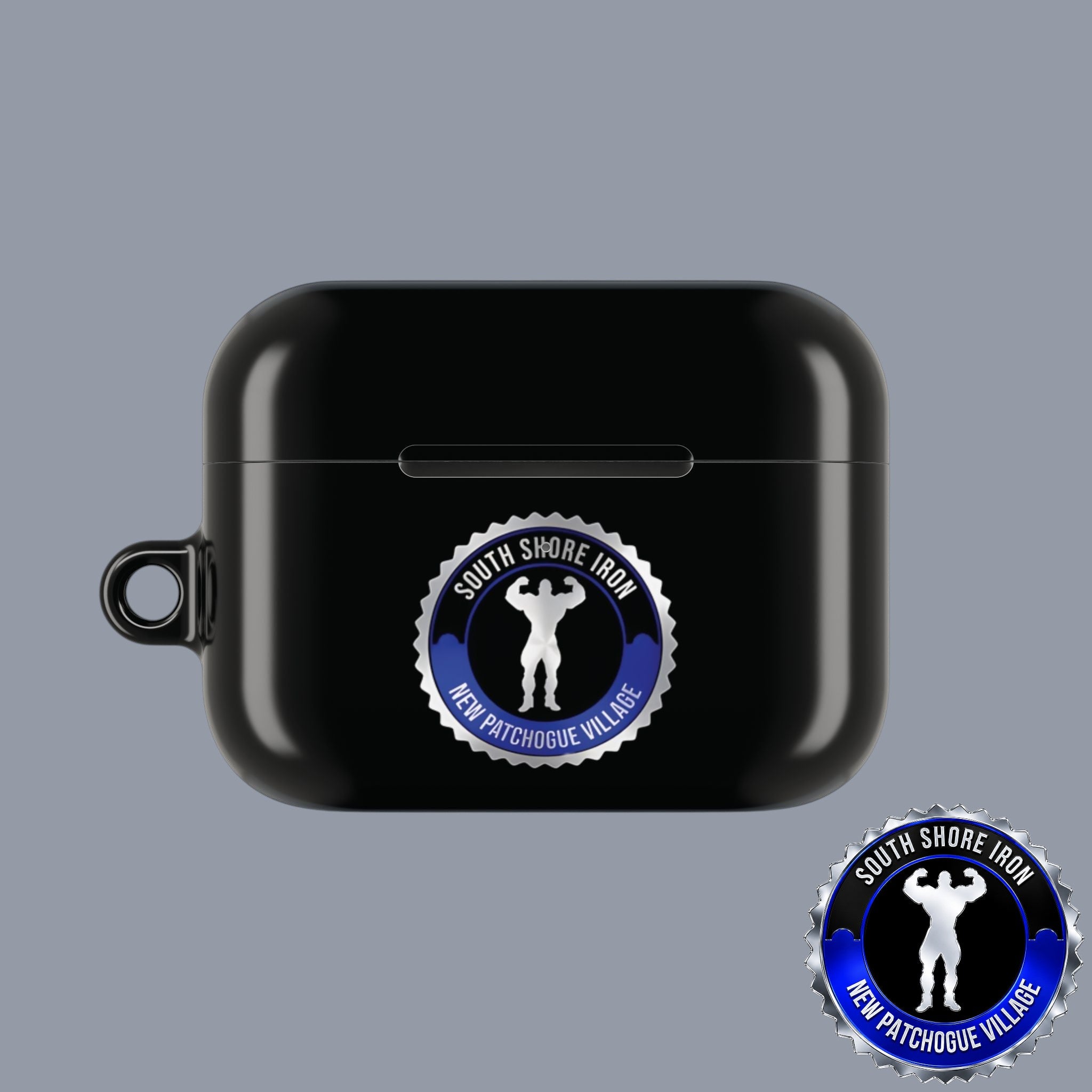 SSI Supply Co. glossy black polycarbonate AirPod case featuring a circular South Shore Iron gym logo emblem.