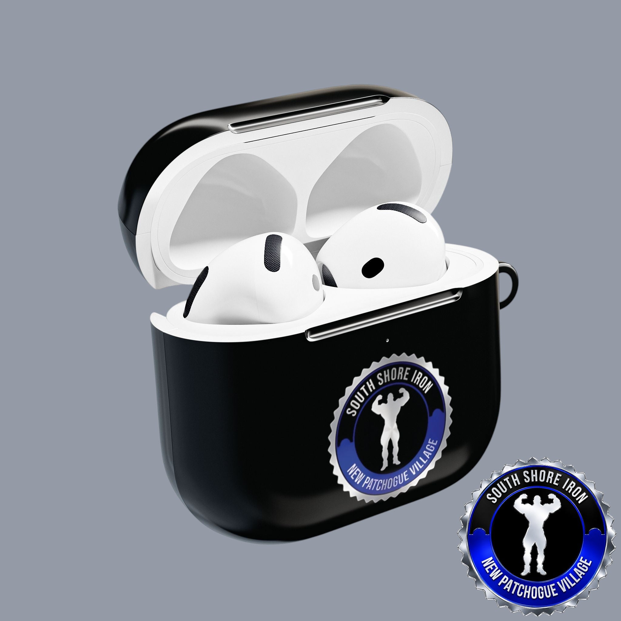 SSI Supply Co. glossy black polycarbonate AirPod case featuring a circular South Shore Iron gym logo emblem.