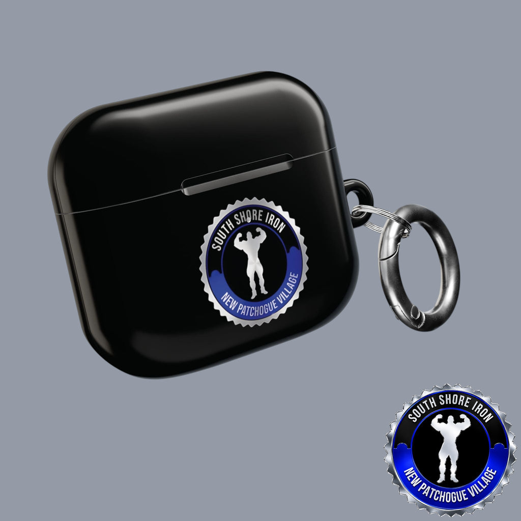 SSI Supply Co. glossy black polycarbonate AirPod case with South Shore Iron gym logo and metal carabiner clip.