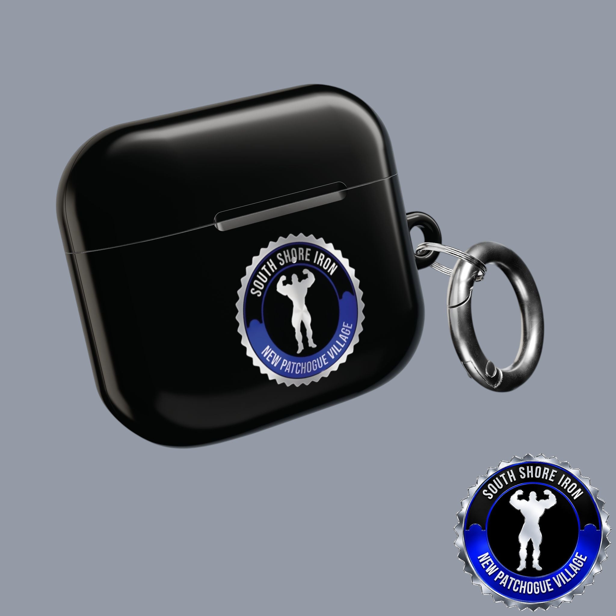 SSI Supply Co. glossy black polycarbonate AirPod case with South Shore Iron gym logo and metal carabiner clip.