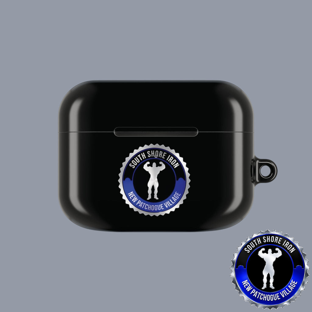 SSI Supply Co. glossy black polycarbonate AirPod case featuring a circular South Shore Iron gym logo emblem.