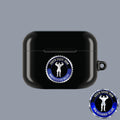 SSI Supply Co. glossy black polycarbonate AirPod case featuring a circular South Shore Iron gym logo emblem.