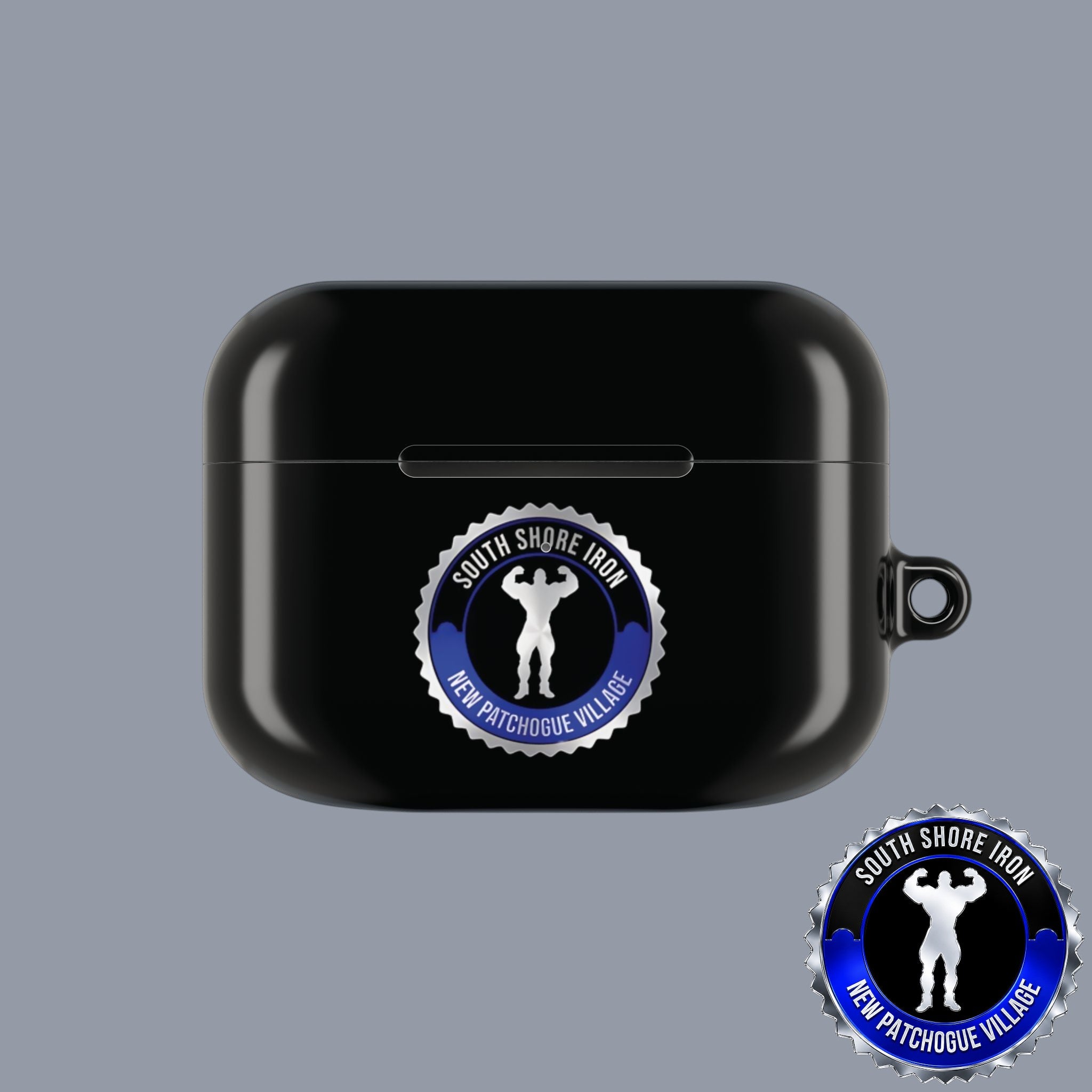 SSI Supply Co. glossy black polycarbonate AirPod case featuring a circular South Shore Iron gym logo emblem.