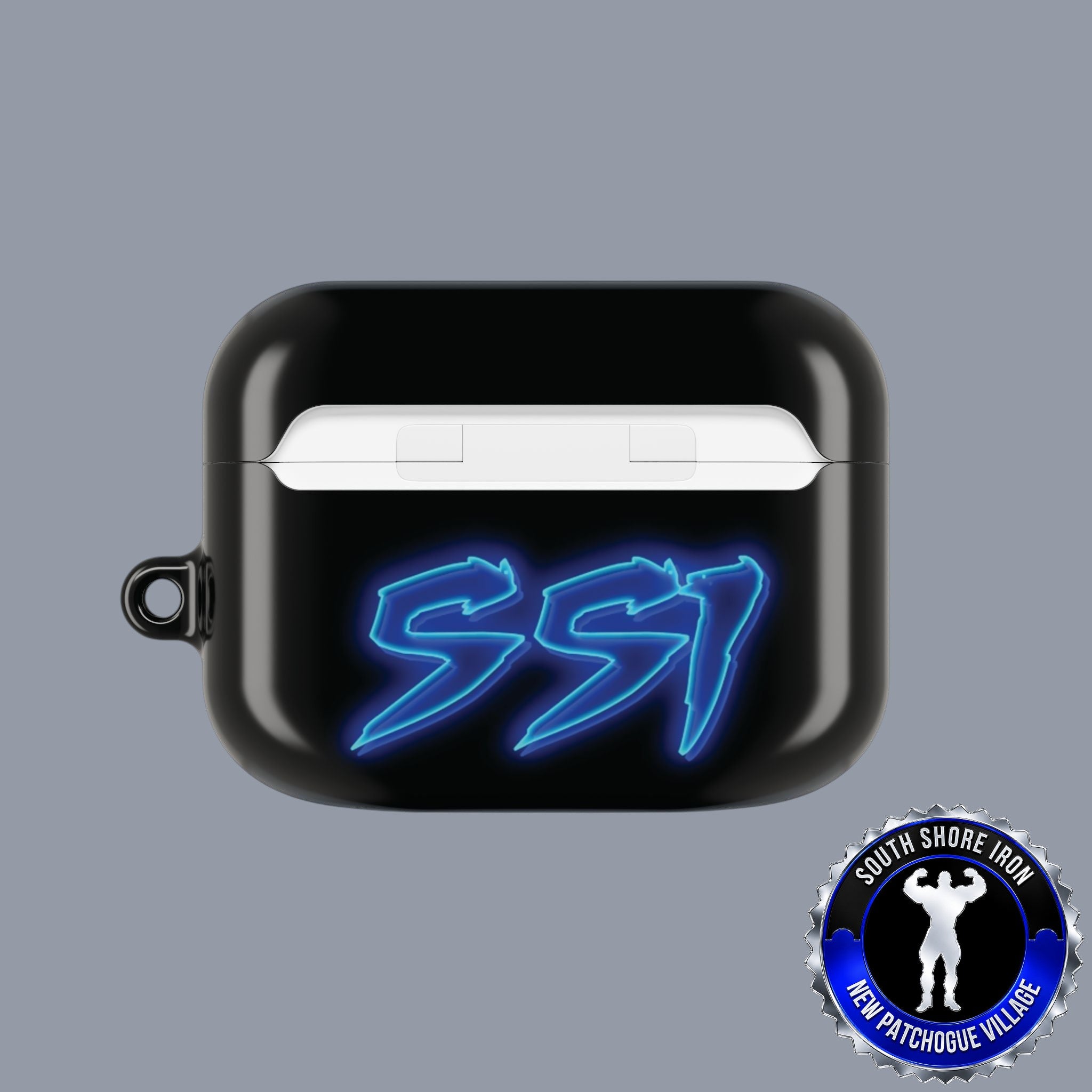 SSI Supply Co. glossy black polycarbonate AirPod case with blue SSI logo and South Shore Iron Gym emblem