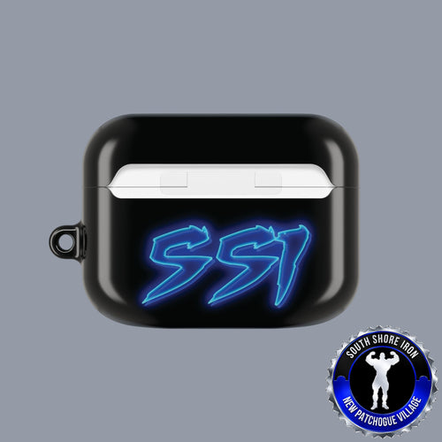 SSI Supply Co. glossy black polycarbonate AirPod case with blue SSI logo and South Shore Iron Gym emblem