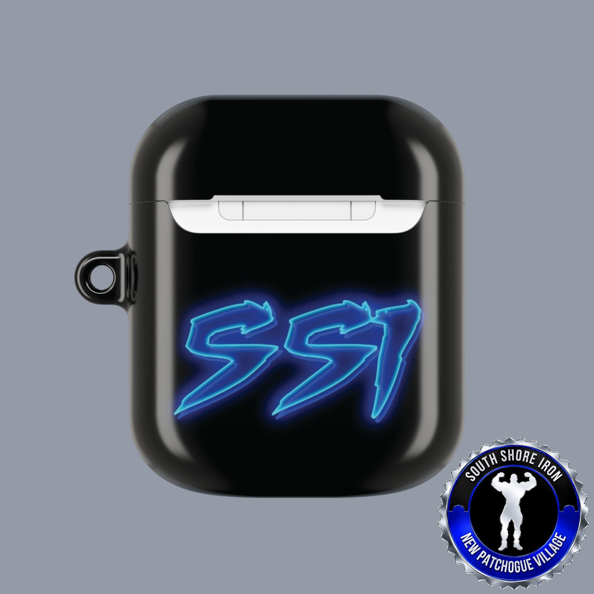 SSI Supply Co. glossy black polycarbonate AirPod case with a blue glowing SSI logo and attached carabiner loop.