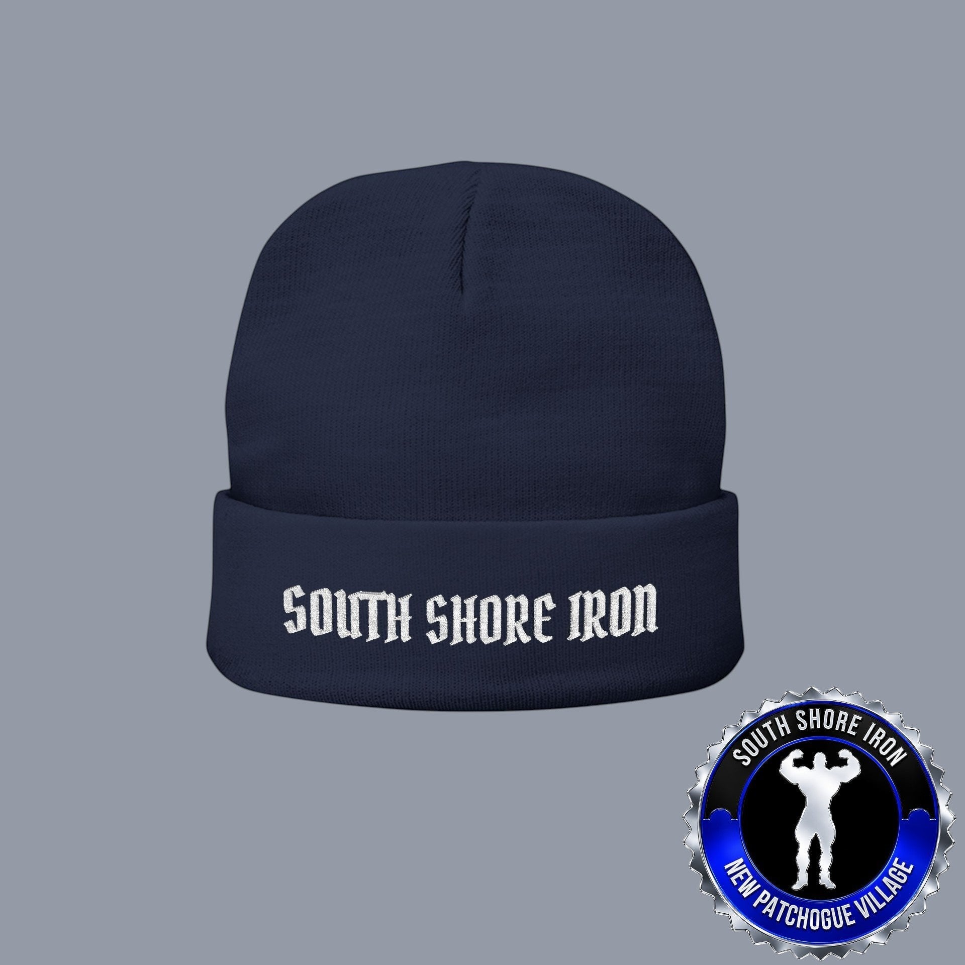 SSI Supply Co. navy blue knit beanie with white South Shore Iron embroidery and a cuffed design.