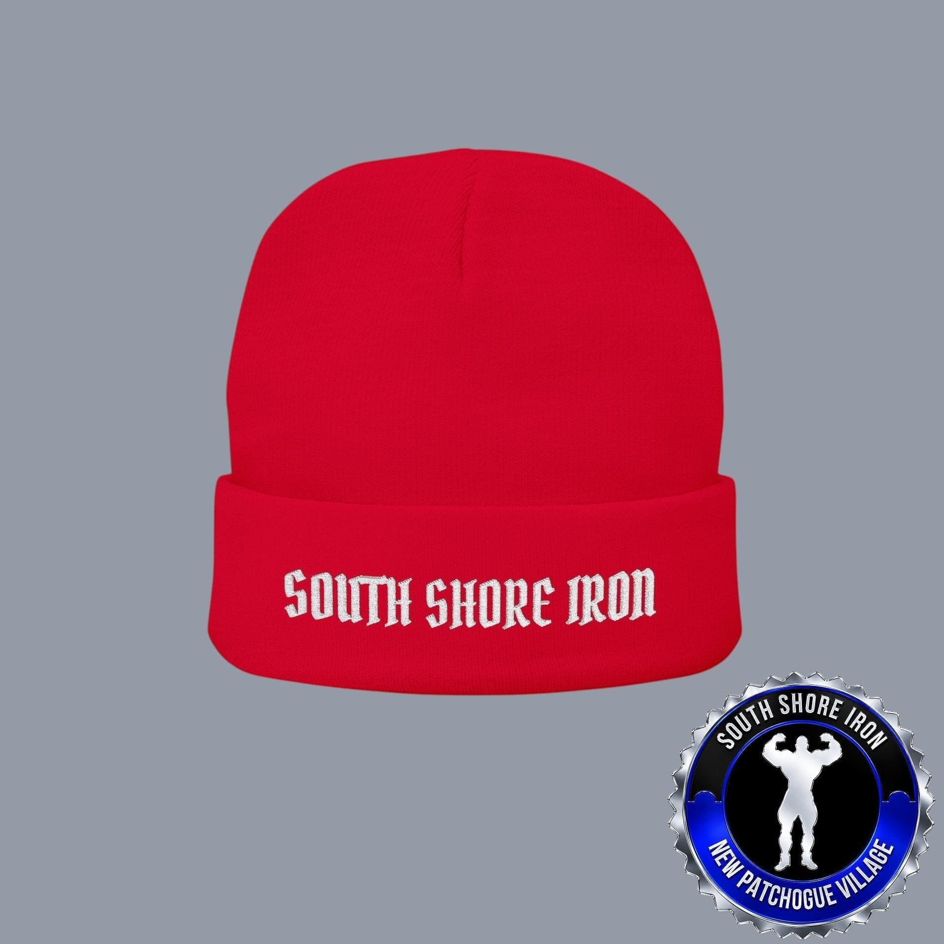 SSI Supply Co. red knit cuffed beanie with white South Shore Iron embroidery for winter wear
